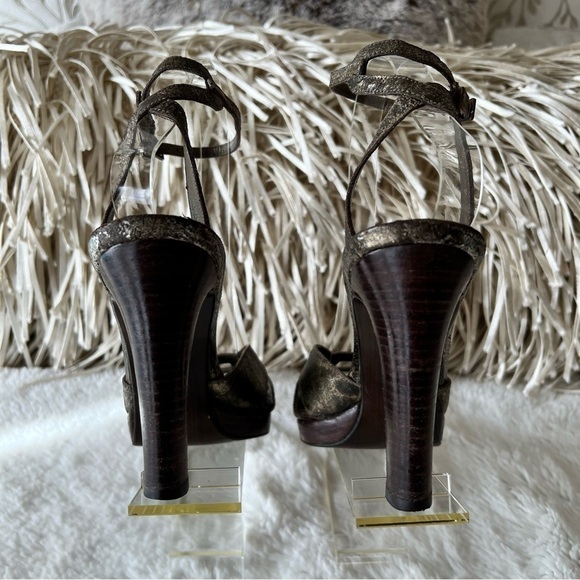 STIART WEITZMAN 6.5 Leather Distressed Peep Toe Gold Brown Heels Buckle - Picture 7 of 11